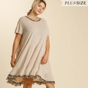 Umgee Plus Size Oatmeal Animal Print Trim Dress